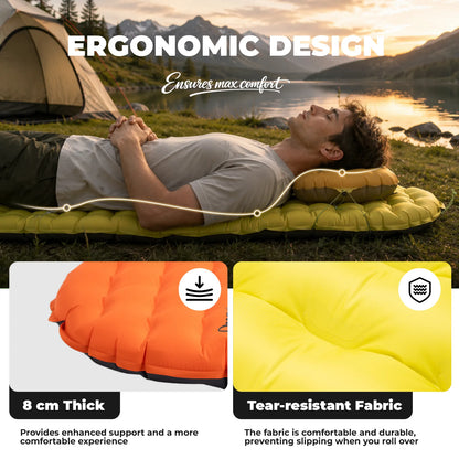 Person lying on a yellow sleeping pad with camping scene and product features displayed.