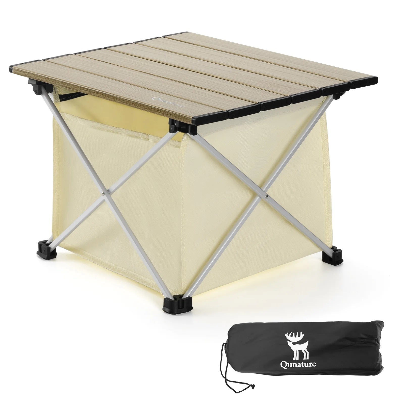 Portable folding table with carrying bag on a white background
