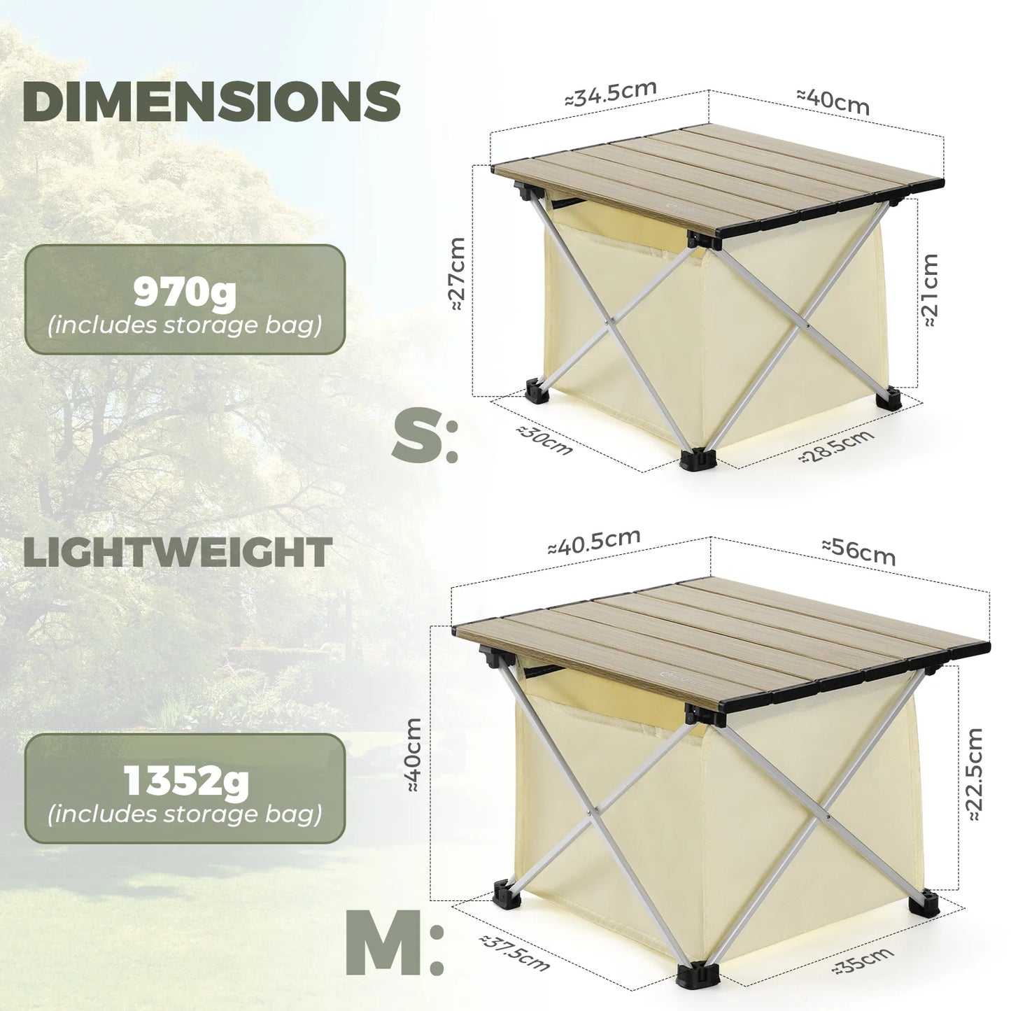 Dimensions and weight information of a portable folding table with a natural wood finish.