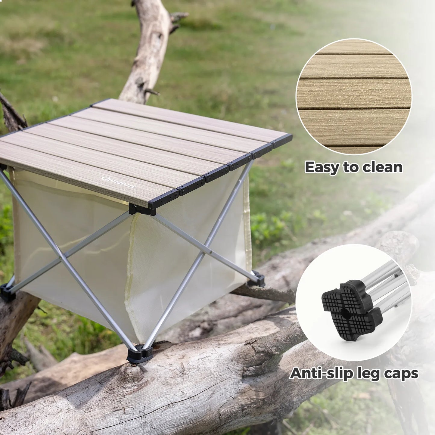 A beige qunature ultralight folding camping table is easy to clean