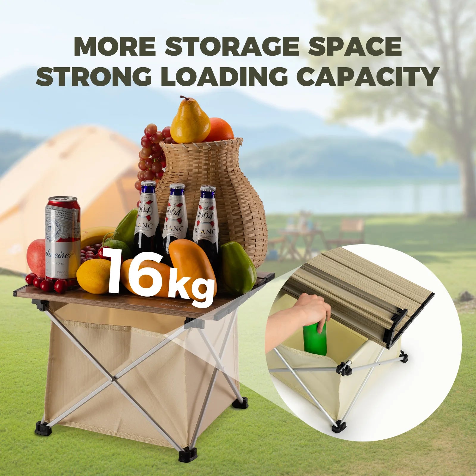 Portable folding table with storage space and loading capacity, set against a scenic outdoor background.