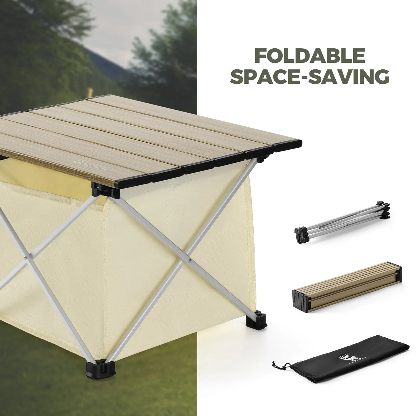 Foldable space-saving table with components and carrying bag on a green and white background
