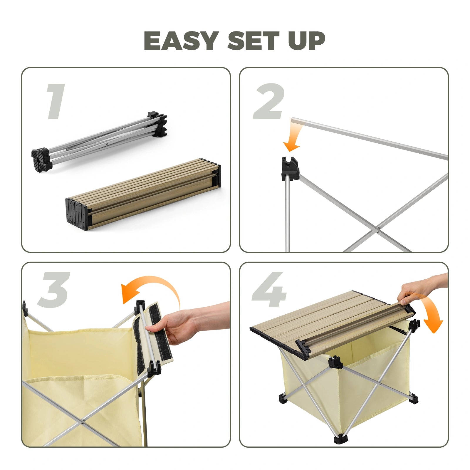Step-by-step guide on how to set up a portable folding table with images and text.