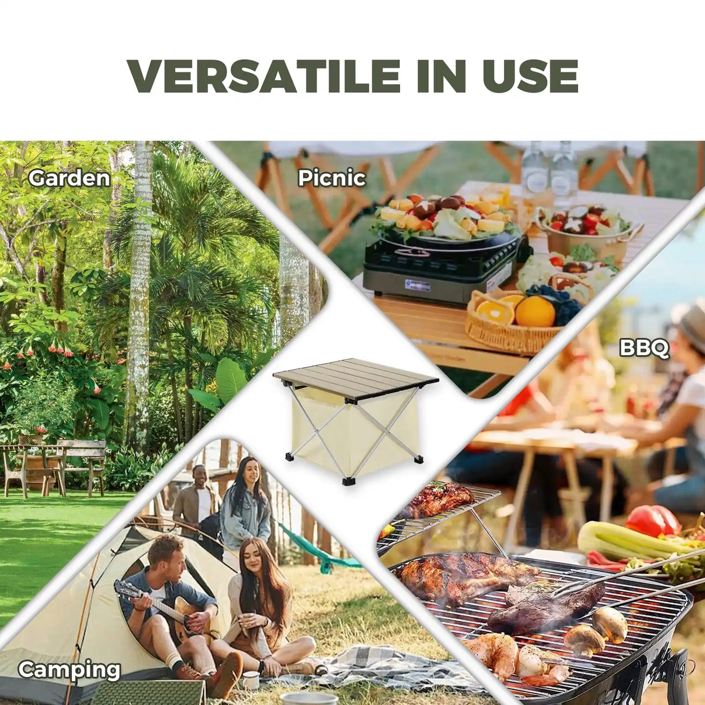 Collage of a portable grill used in various settings including garden, picnic, and camping.