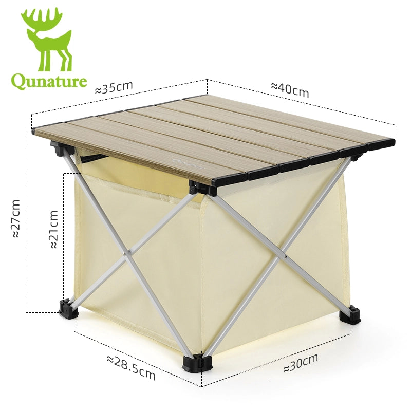 Foldable camping table with dimensions labeled, featuring the Qunature brand logo.