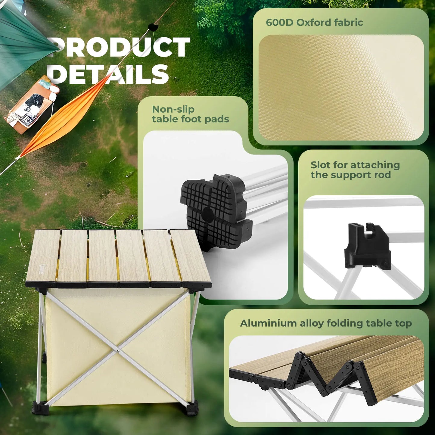 Camping table with product details on a green outdoor background