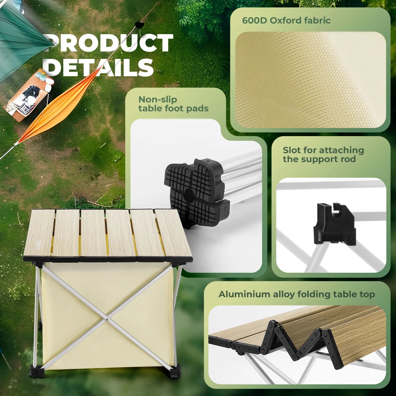 Camping table with product details on a green outdoor background
