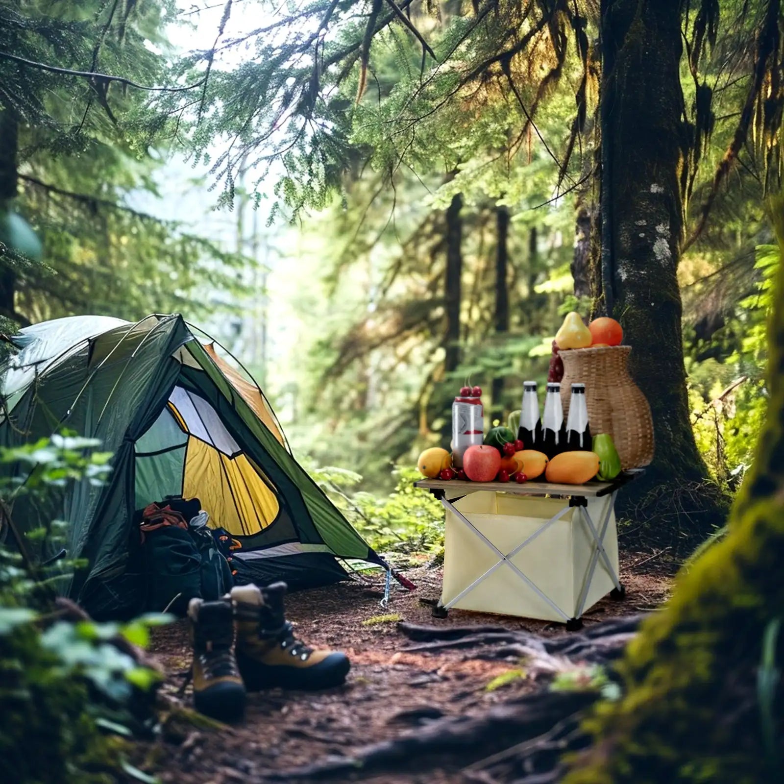 Camping scene with a tent, food, and drinks in a forest