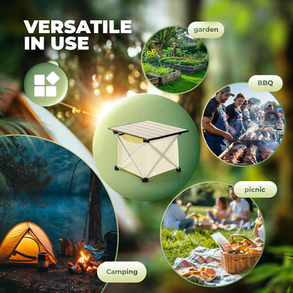 Collapsible table with outdoor activities like camping, gardening, BBQ, and picnicking depicted around it.