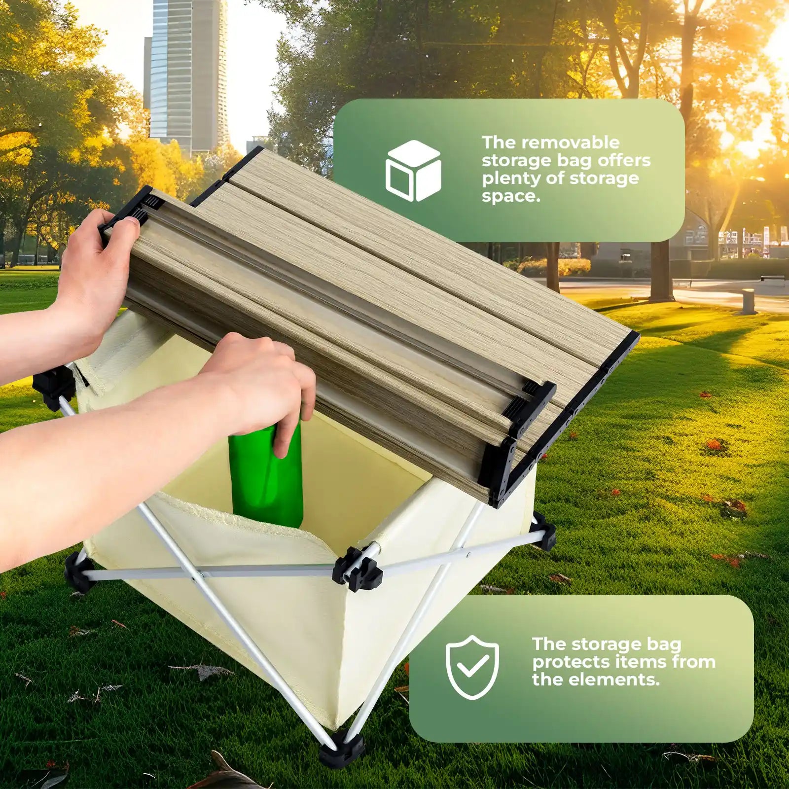 Portable folding table with storage bag in a park setting