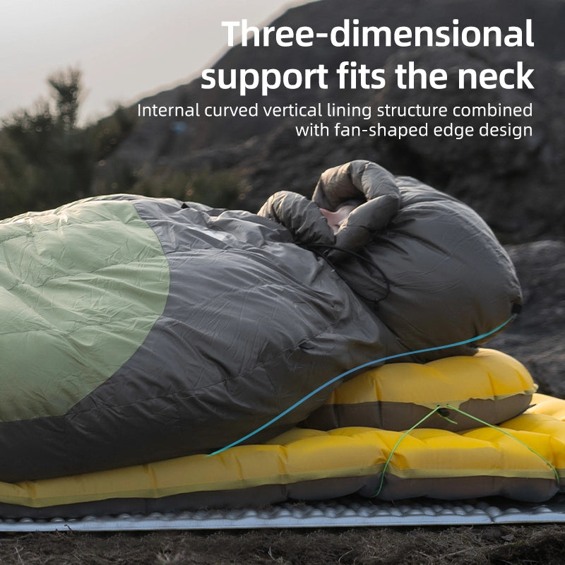 A person wearing a sleeping bag and using a light yellow camping pillow outdoors