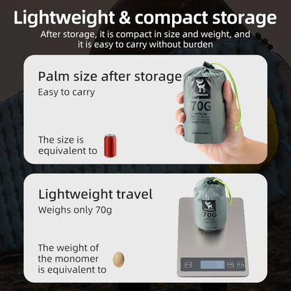 This ultra-light camping pillow can be compressed to the size of a can of soda, making it easy to carry. It weighs only 70g, which is equivalent to the weight of an egg.