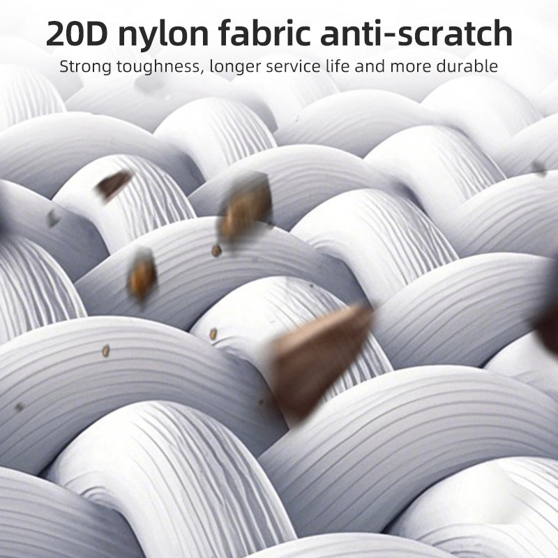 Close-up of 20D nylon fabric with anti-scratch properties, showing durability.