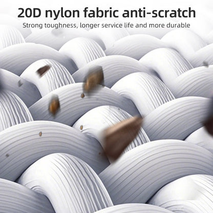 Close-up of 20D nylon fabric with anti-scratch properties, showing durability.