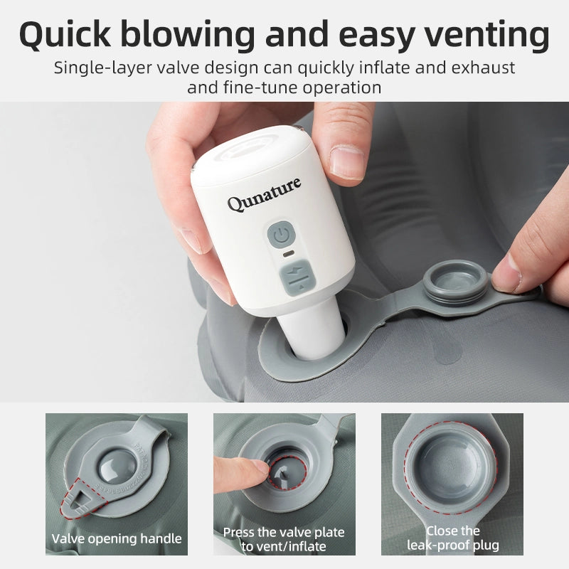 Qunature inflatable product with valve being used, showing quick blowing and easy venting features.