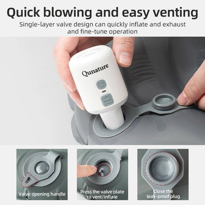 Qunature inflatable product with valve being used, showing quick blowing and easy venting features.