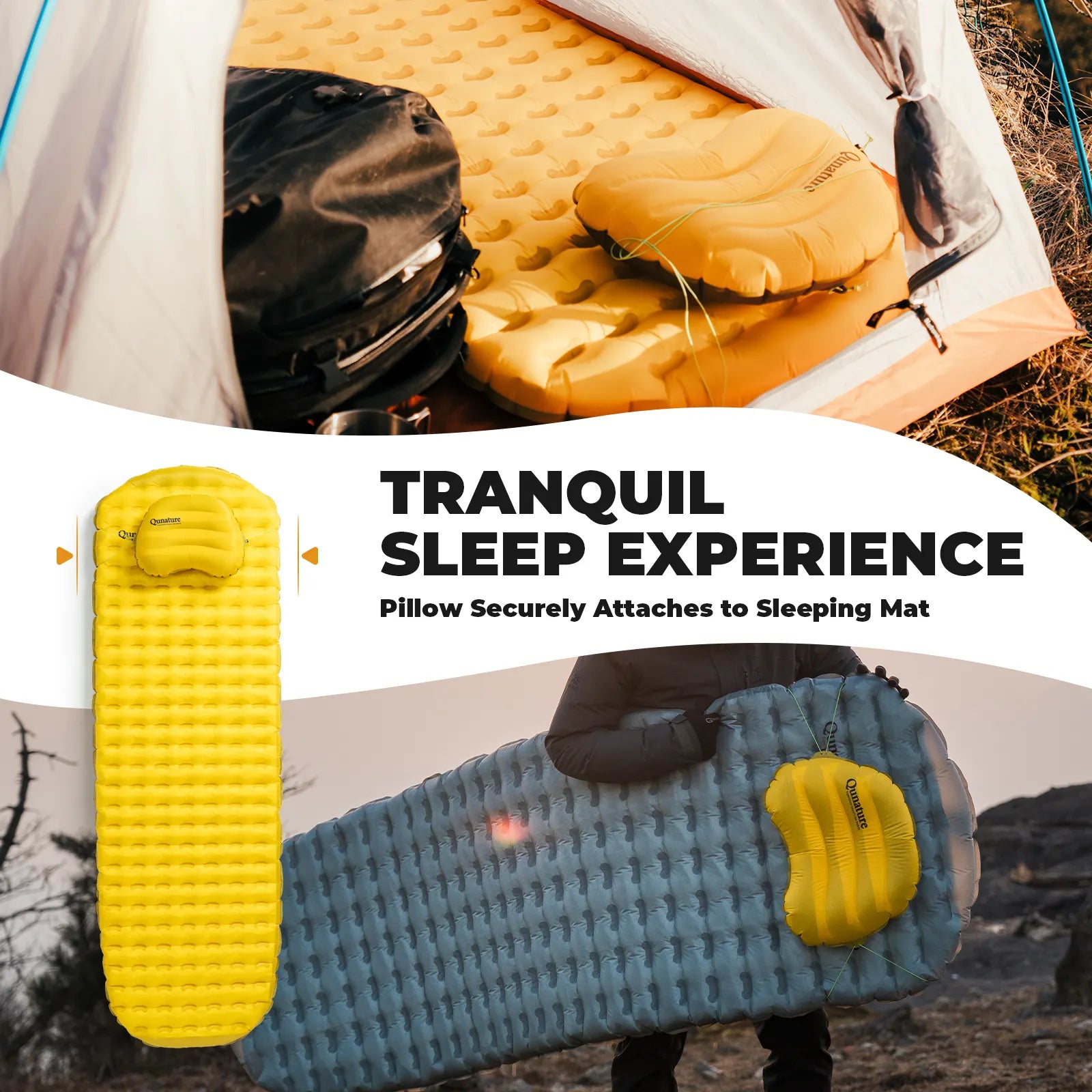A person is outdoors holding a sleeping pad with a down yellow inflatable ultra-light waterproof camping pillow hanging on it
