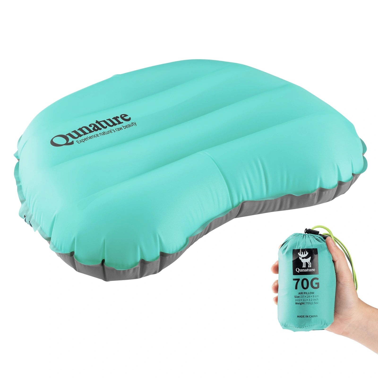 Turquoise inflatable pillow with Qnature branding and a smaller pack of the same brand.