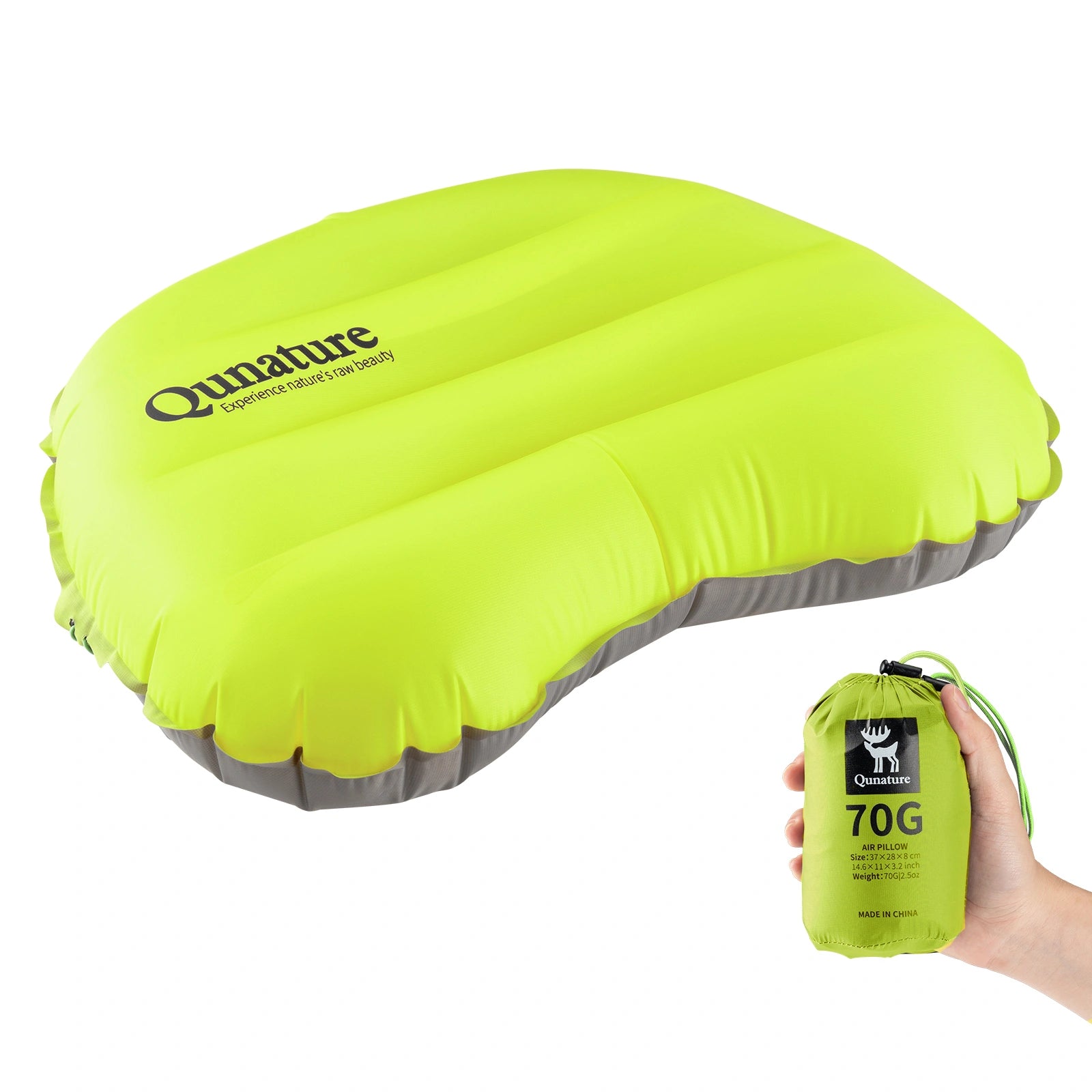 Green inflatable pillow with a carrying bag labeled '70G' on a white background