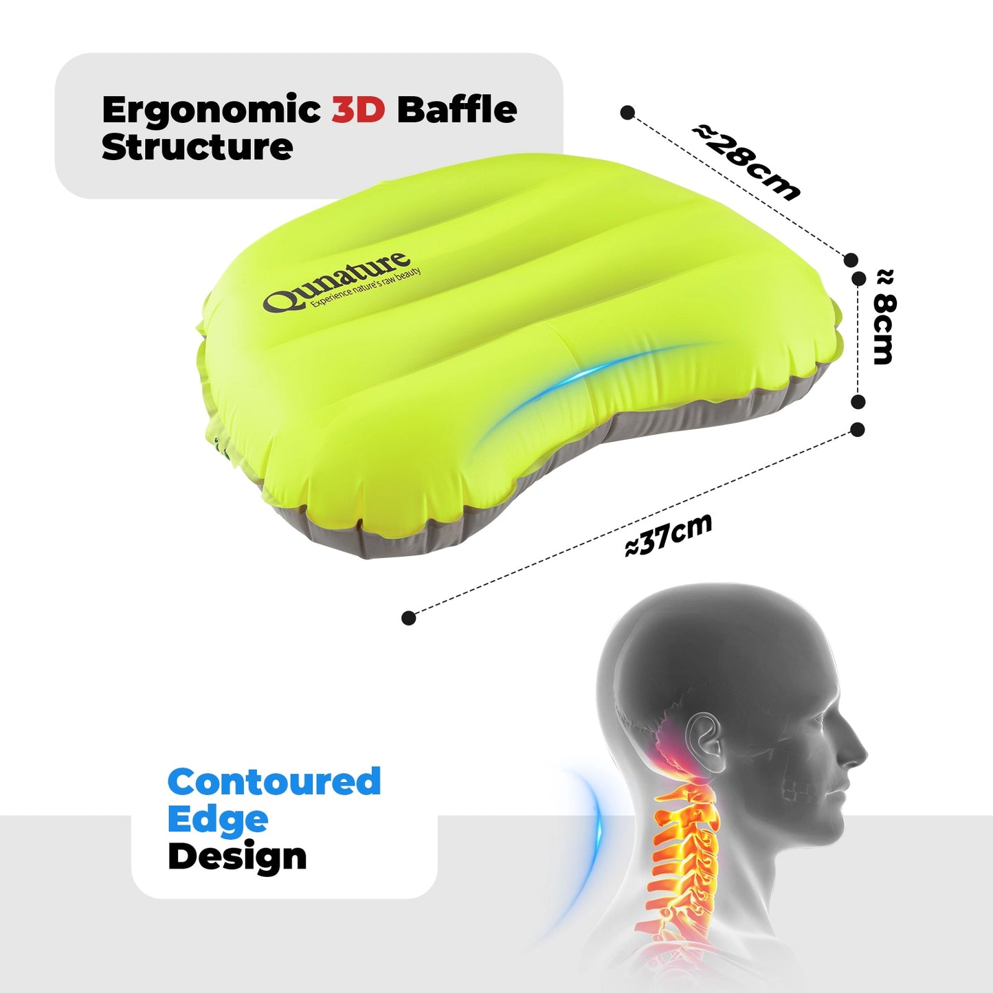 Inflatable pillow with ergonomic design features and Qinnacle branding on a white background