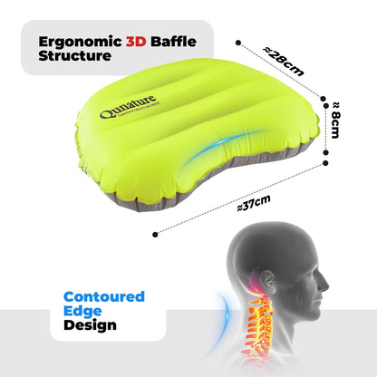 Inflatable pillow with ergonomic design features and Qinnacle branding on a white background