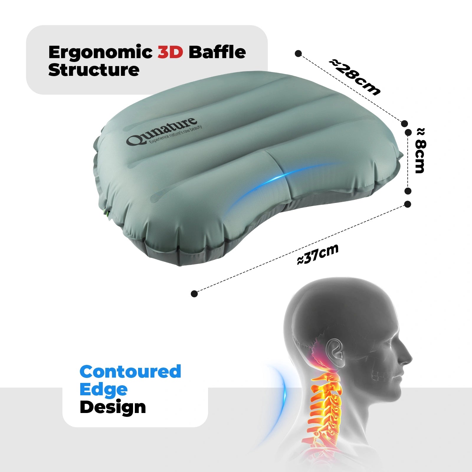 Inflatable pillow with ergonomic design features and Qunature branding on a white background.