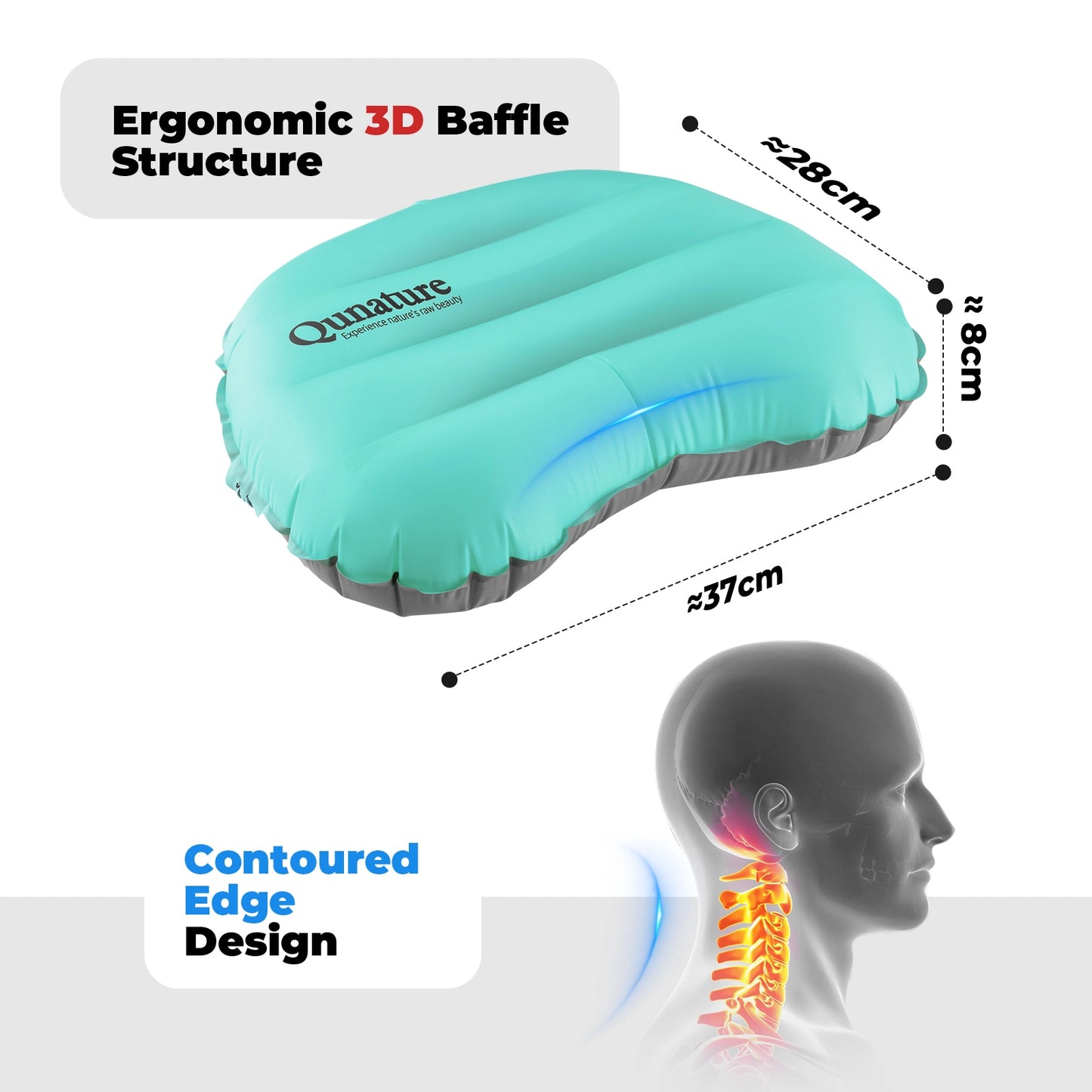 Inflatable pillow with ergonomic design features and Qunature branding on a white background