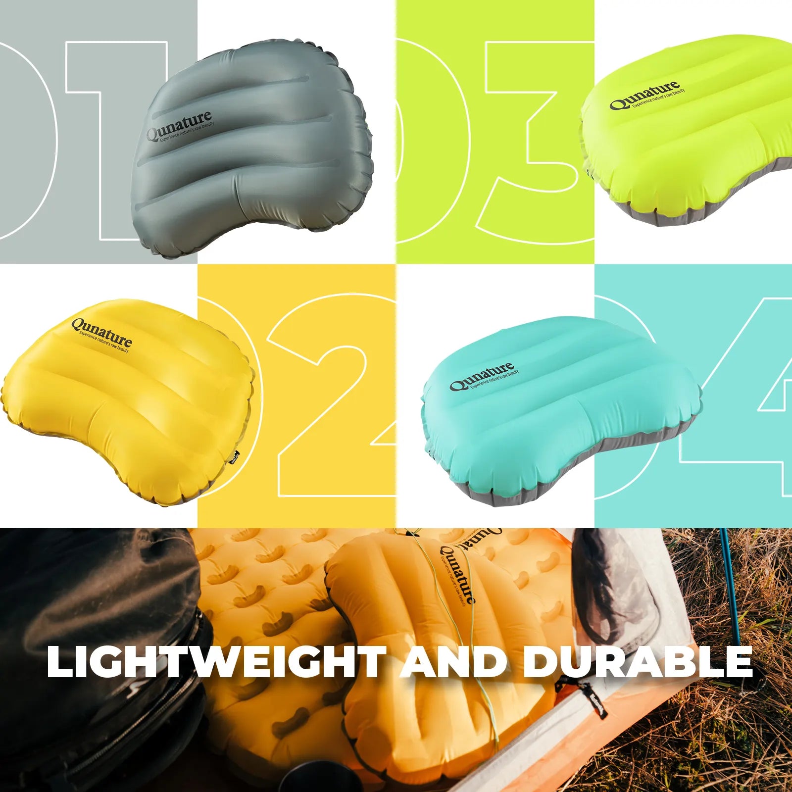 Collage of inflatable sleeping pads in various colors with 'Qunature' branding.