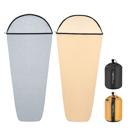 Two sleeping bags, one gray and one beige, with their respective carrying bags on a white background.