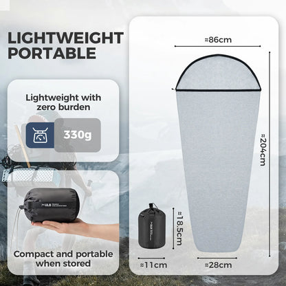 Lightweight portable sleeping bag with measurements and weight information.