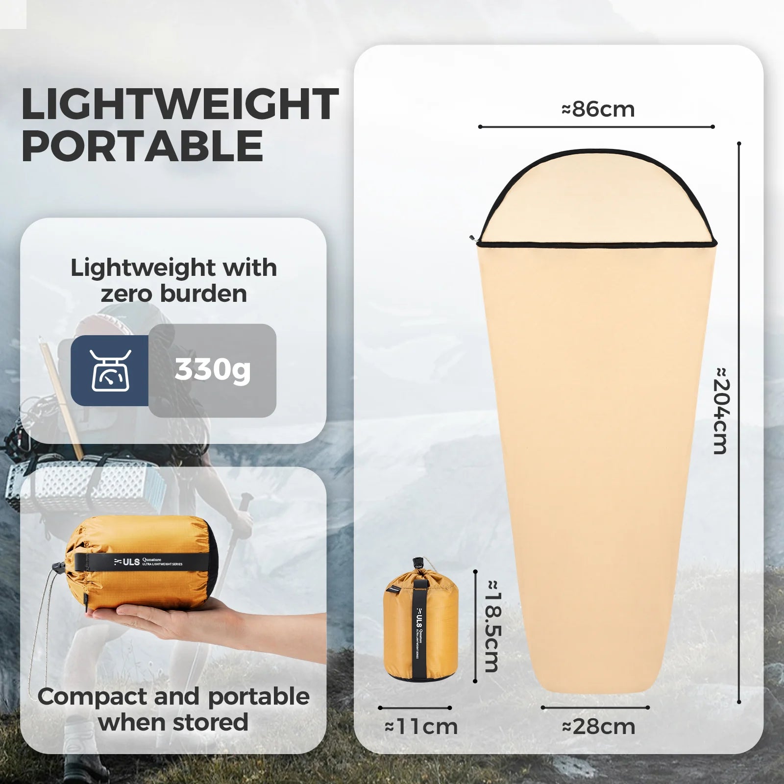 Lightweight portable sleeping bag with measurements and weight display.
