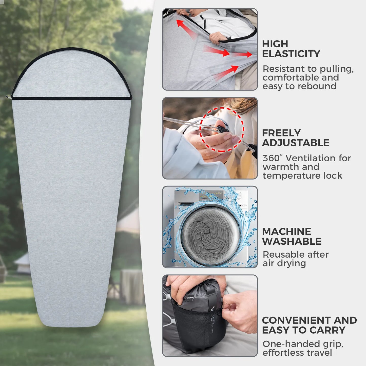 Sleeping bag with features highlighted on a white background