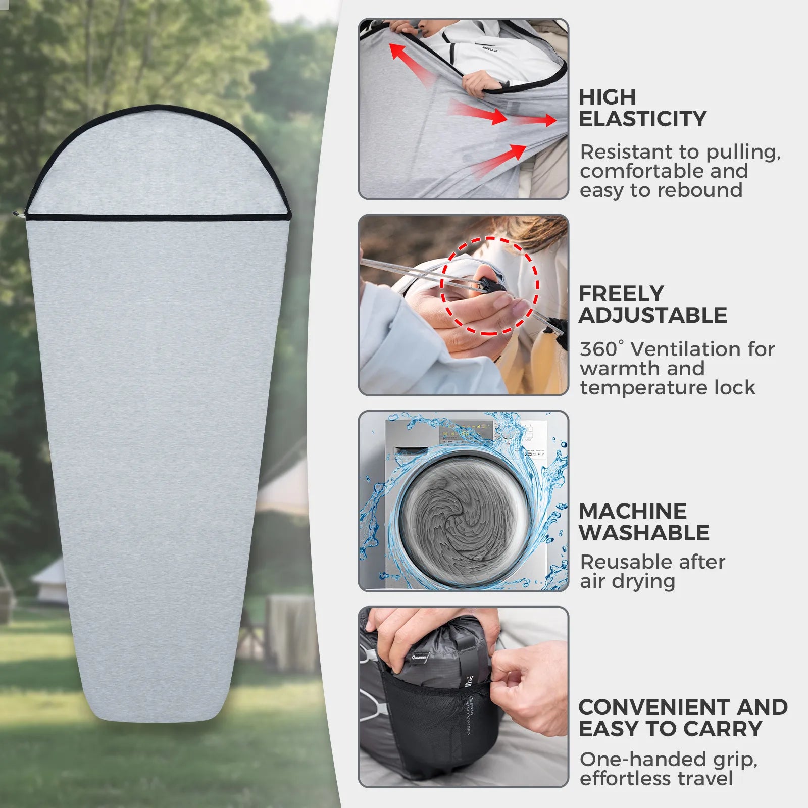 Sleeping bag with features highlighted on a white background