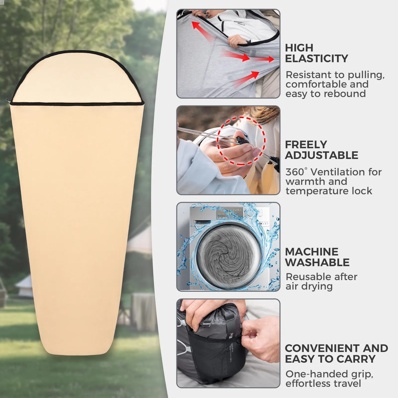 Product packaging of a sleeping bag with features listed on a white background.