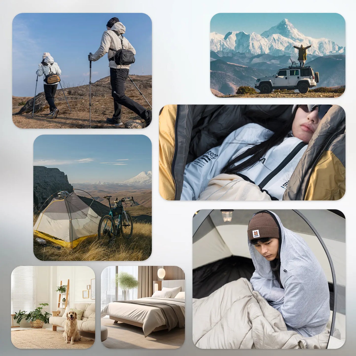Collage of images showing outdoor activities, camping, and indoor settings with a focus on comfort and adventure.