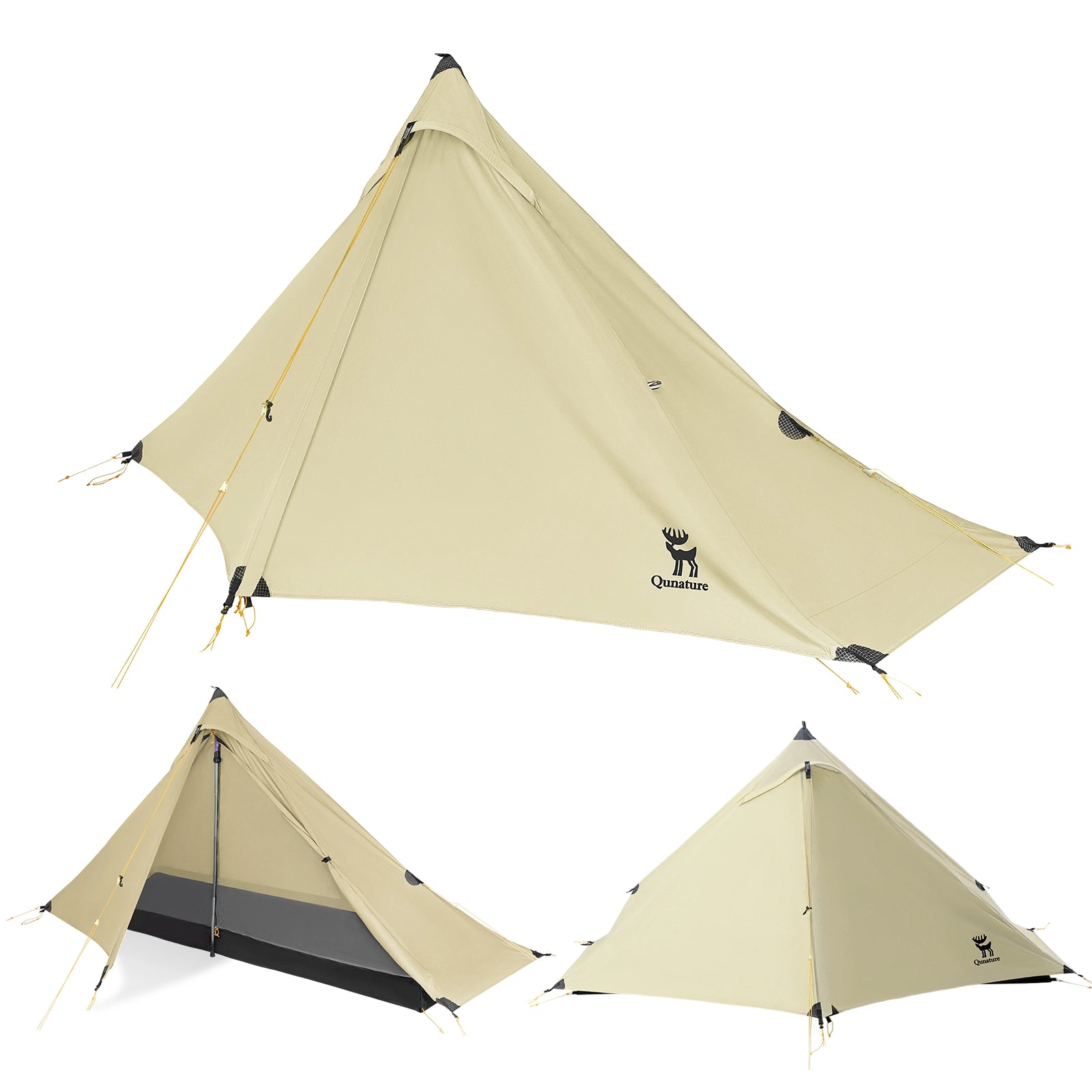 Beige camping tent with a black logo on a white background