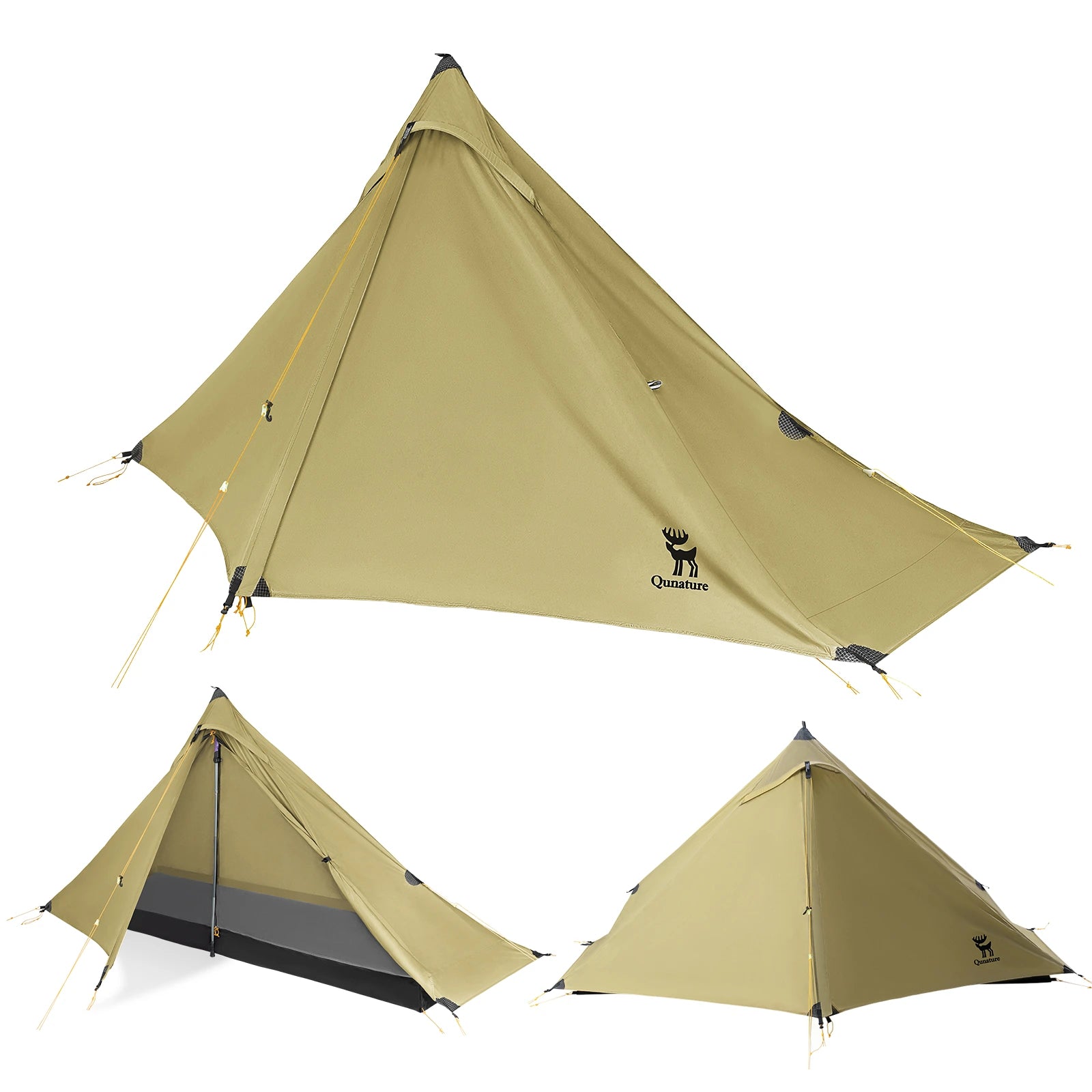 Three beige tents with a brand logo on a white background