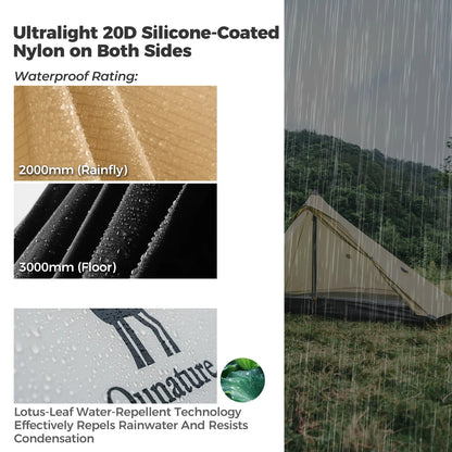 Camping tent with rain simulation and waterproof rating details on a white background