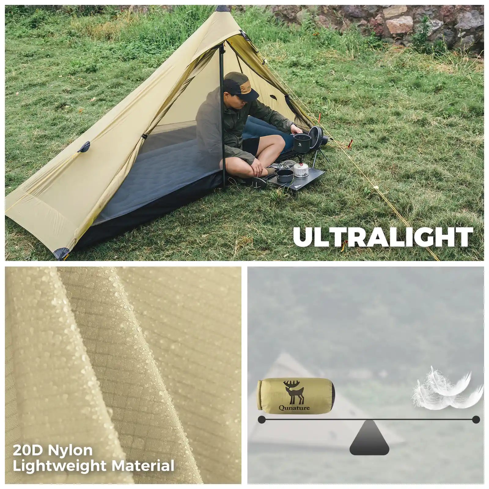 Camping tent with person inside, ultralight material text, and 20D Nylon fabric close-up.