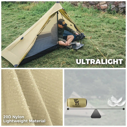 Camping tent with person inside, ultralight material text, and 20D Nylon fabric close-up.