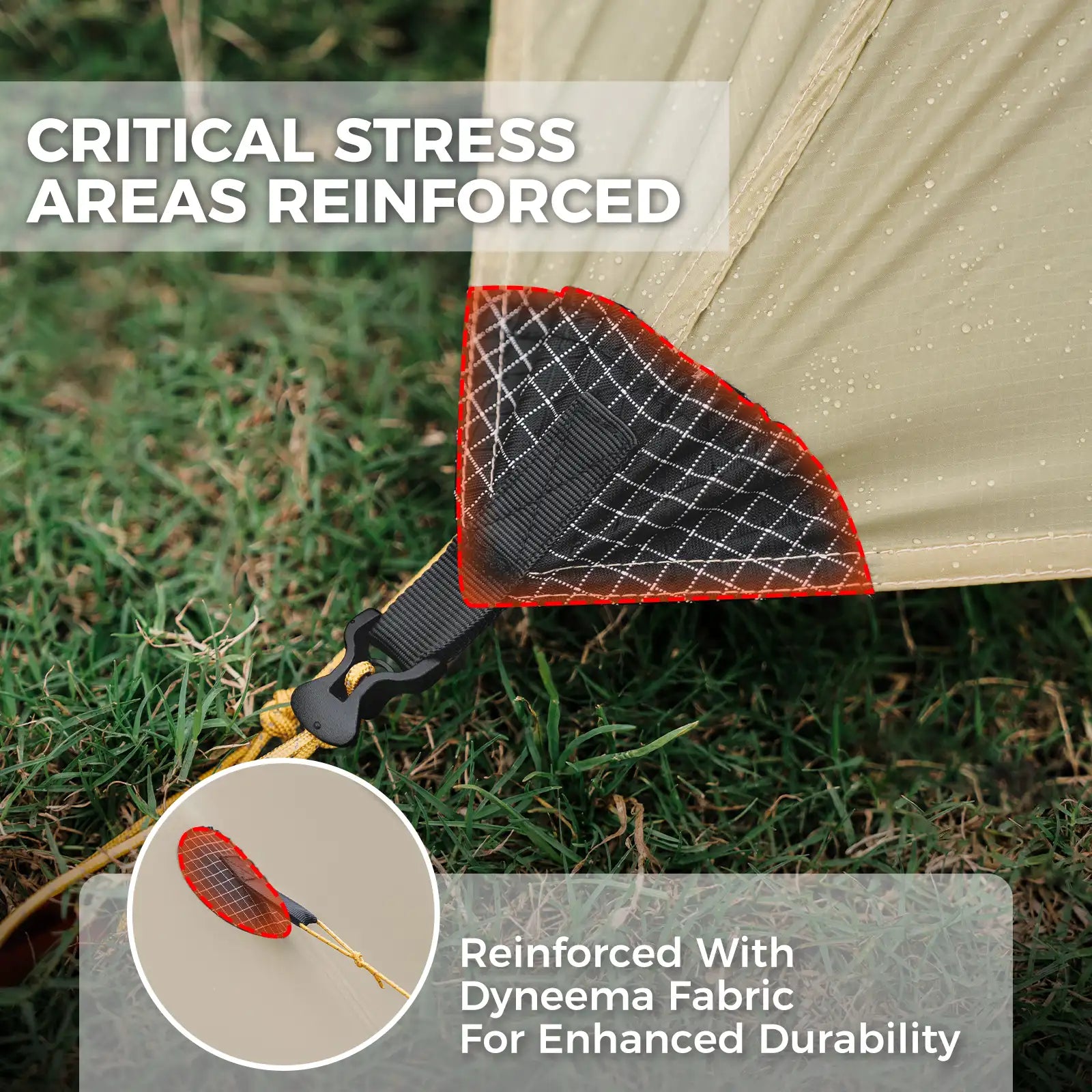 Camping tent with reinforced critical stress area using Dyneema fabric on grass.