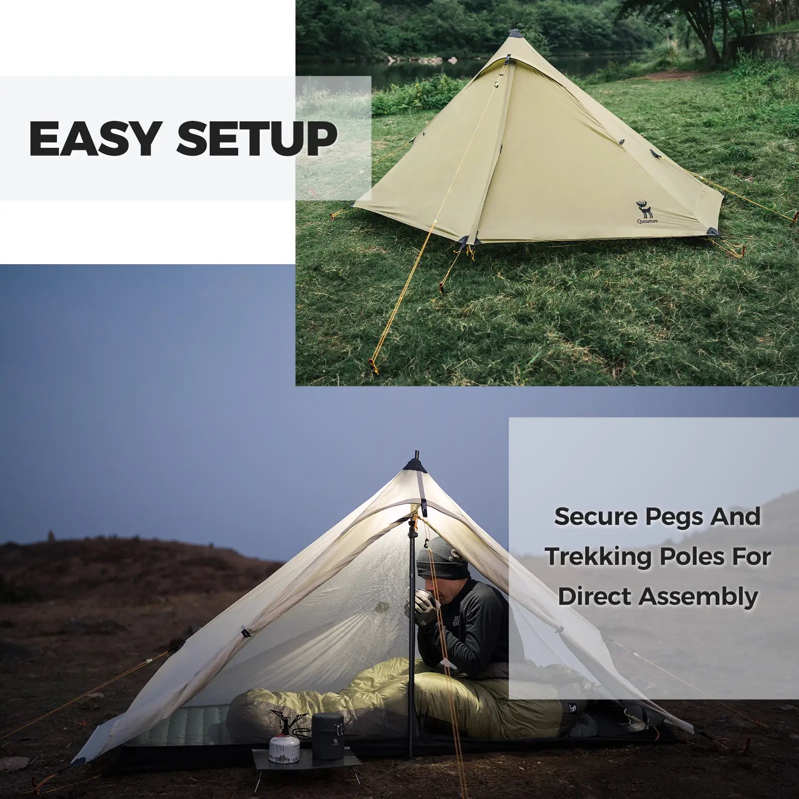 Beige camping tent set up in a grassy area with text on easy setup.