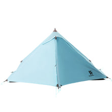 Light blue tent with a brand logo on a white background