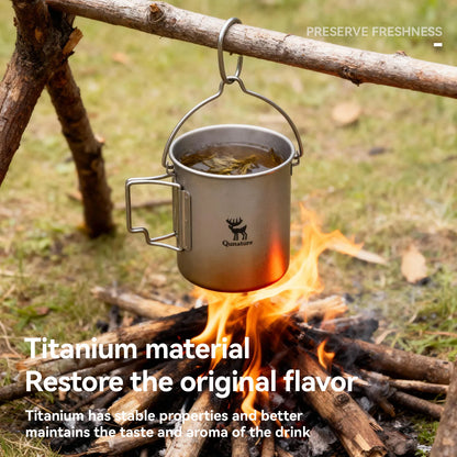 Titanium mug hanging over a campfire with text about titanium material and flavor preservation.