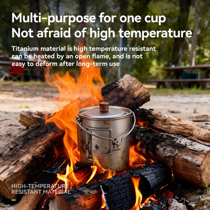 Camping pot over a campfire with text about titanium material properties