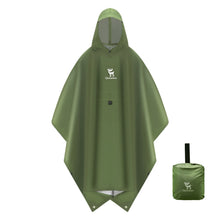 Green rain poncho with a compacted version on a white background