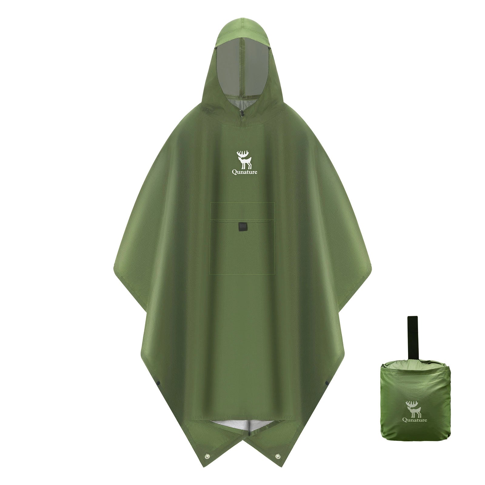 Green rain poncho with a compacted version on a white background