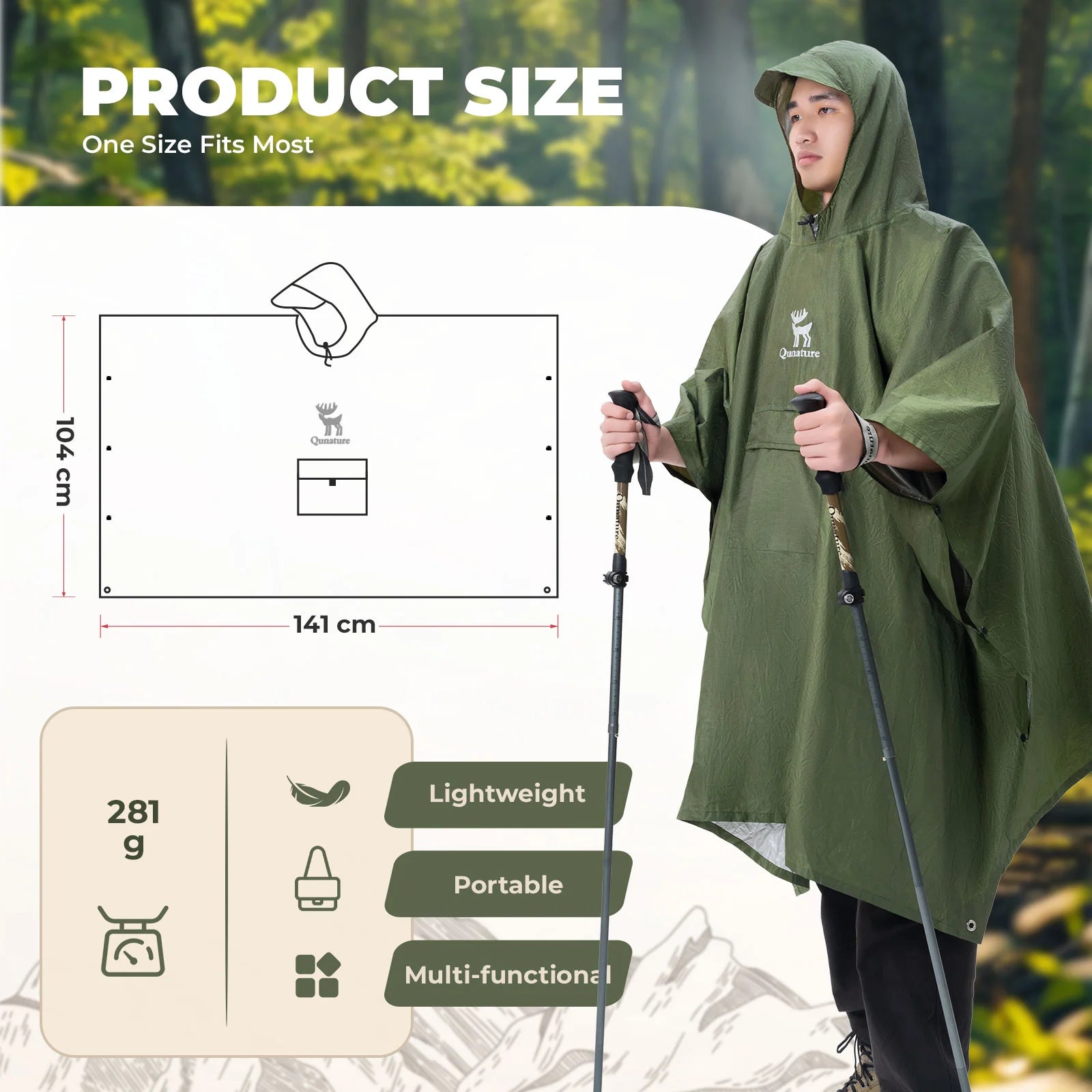 Person wearing a green rain poncho with product size and features displayed.