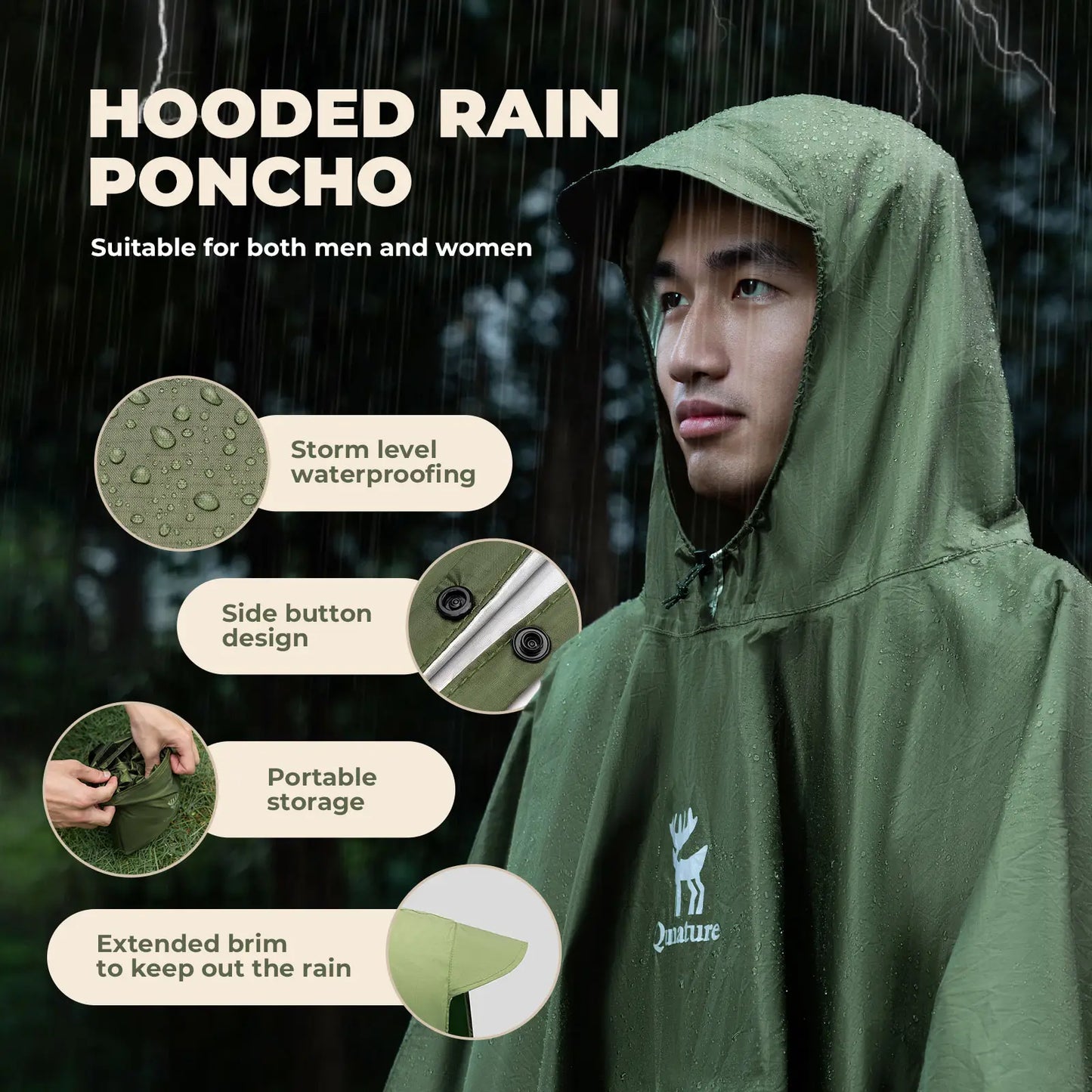 Person wearing a green hooded rain poncho with features highlighted on a dark background
