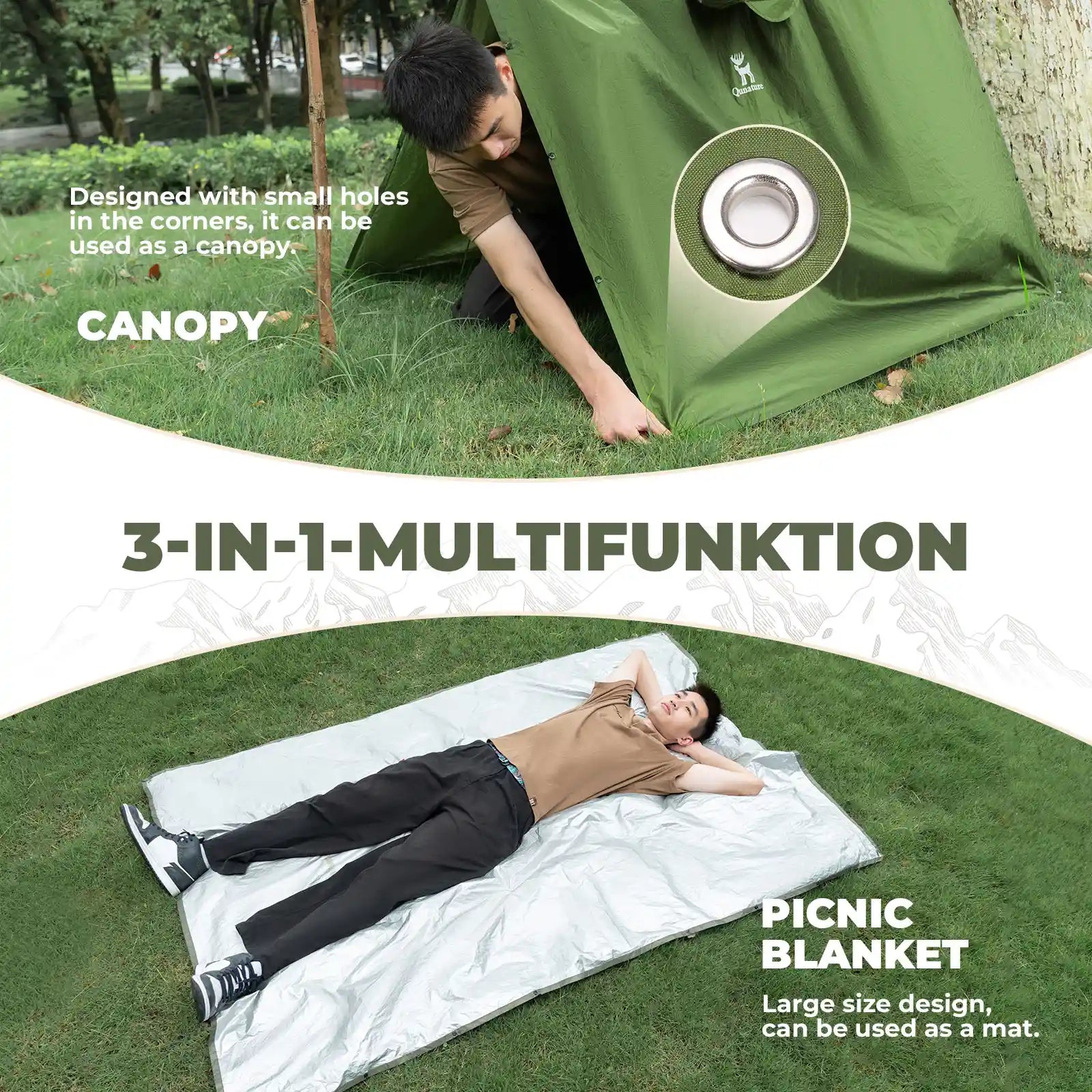 Multifunctional green blanket with canopy feature, used as a mat and canopy.